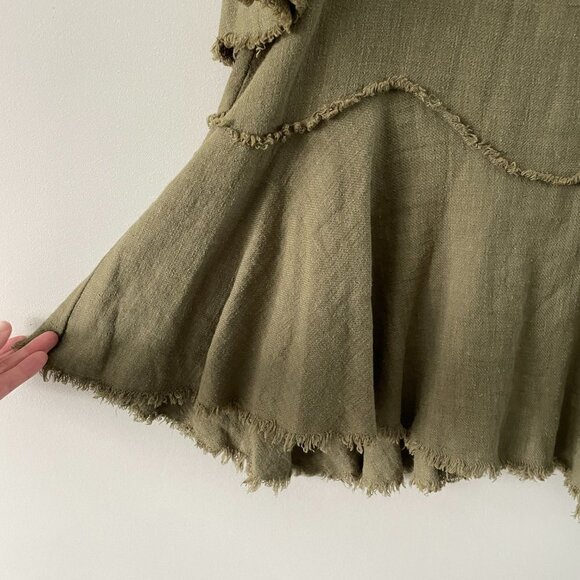 Linen Lux 3/4 Sleeves Raw Hem Crew Neck Linen Blend Mini Dress Army Green 12 - Picture 6 of 9